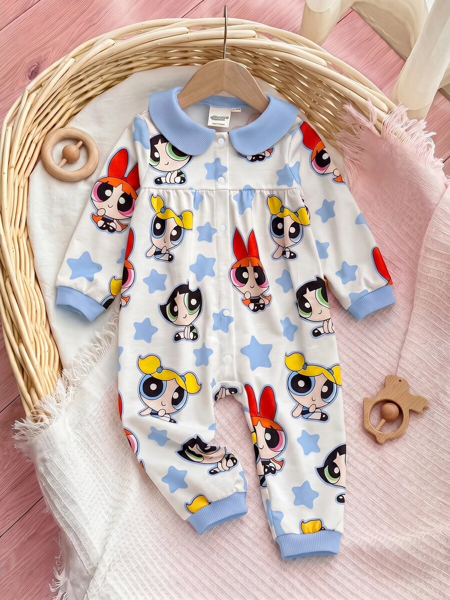 THE POWERPUFF GIRLS X SHEIN 女嬰卡通印花休閒日常穿著連身褲 - 藍色 - 查看 1