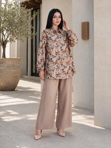 SHEIN Lady CURVE Plus Size Women's Botanical Print Long Sleeve Shirt And Pants Casual 2 Pieces Set - Beige - View 4