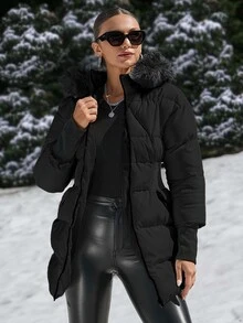 SHEIN Padded Coat With Furry Hood And Adjustable Waist, Two Side Pockets, Thick And Fashionable Puffer Jacket, Quilting Details - Black - View 3