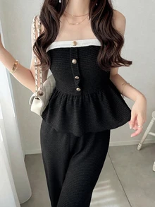 FRIFUL Women's Sweet 2 Pieces Set With Contrast Trim Ruffle Patchwork Loose Hem Tube Top And Wide Leg Pants - Beige - View 5