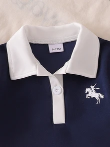 2件組幼女長袖上衣+長褲套裝 英倫風海軍藍馬刺繡對比領長袖 Polo 聚會秋季運動上衣 - 寶藍色 - 查看 4