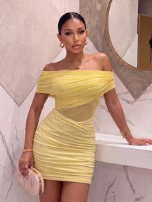 Slaydiva Women Pale Yellow Off Shoulder Ruched Mesh Mini Dress Cross Wrap Waist Cutout Bodycon Sexy Vacation Club Party Short Dress Cocktail Going Out - Light Yellow - View 3
