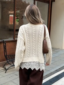 SHEIN Frenchy Contrast Guipure Lace Cable Knit Drop Shoulder Sweater - Apricot - View 2