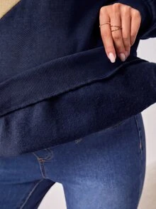 SHEIN Maternity Colorblock Casual Daily Long Sleeve Top - Navy Blue - View 5