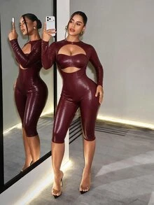 SHEIN BamGlam جمبسوت نسائي برقبة دائرية وتصميم مفرغ وضيق بأكمام طويلة - عنابي اللون - مشاهدة 4