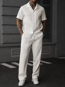 SLATEMANN 男士白色短袖襯衫與長褲套裝，適合萬聖節、聖誕節，最佳新年禮物 - 白色 - 查看 3