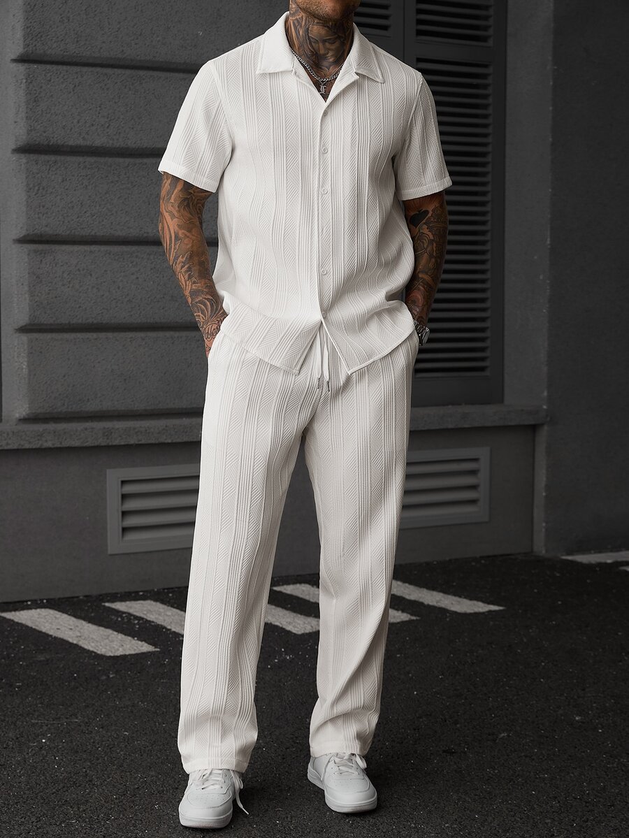 SLATEMANN Men's White Short Sleeve Shirt And Long Pants Set, Suitable For Halloween, Christmas, Best New Year Gift - White - View 1