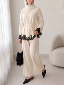 Feyla Women's Contrast Lace Drop Shoulder Long Sleeve Top And Straight Leg Pants 2 Pieces Set - Apricot - View 4