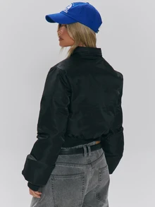 MUSERA Fold Over Collar Padded Balloon Fit Zip Through Cropped Bomber Jacket Fall Autumn Winter Daily Everyday Outerwear - Black - View 4