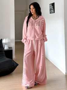 StreetHx Women's Pink Distressed Style Printed Hoodie Jacket + Long Pants 2 Pieces Set - Pink - View 1