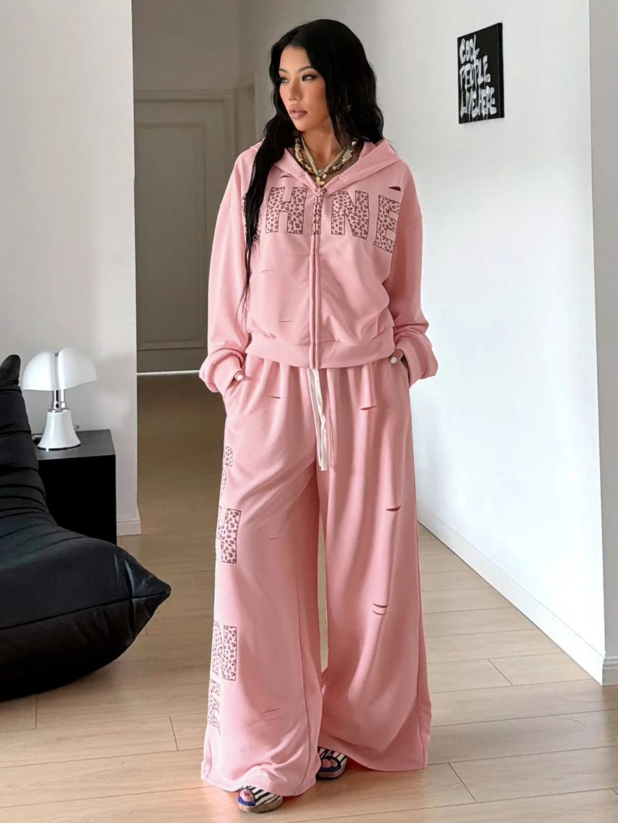 StreetHx Women's Pink Distressed Style Printed Hoodie Jacket + Long Pants 2 Pieces Set - Pink - View 1