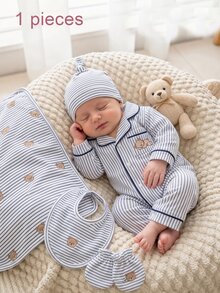 1件裝新生兒男嬰棉混紡卡其色直條紋連身衣，胸前口袋、可愛熊印花、深卡其對比滾邊、翻領、長袖長褲爬行服居家服 - 藏蓝色 - 查看 7