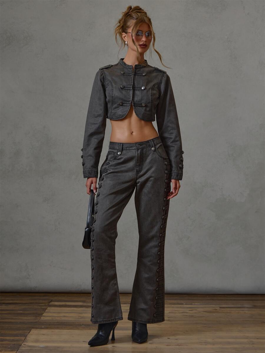MUSERA Black Military Fastening Detail Cropped Fitted Denim Jacket Fall Winter Everyday Causal Back To School Forces - Grey - View 1