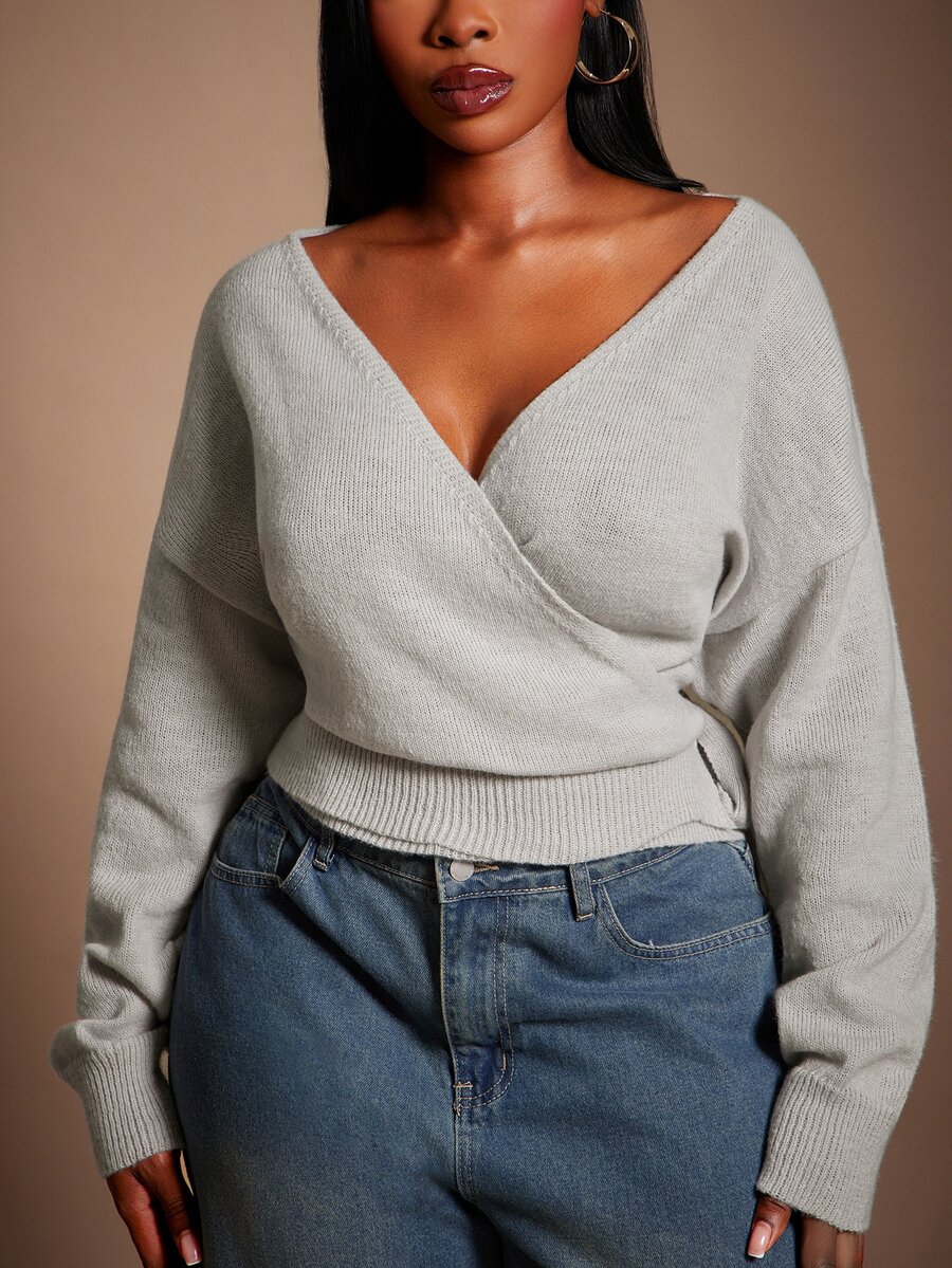 SHEIN SXY Light Gray V-Neck Overlap Tie Long Sleeve Cropped Sweater - Light Grey - View 1