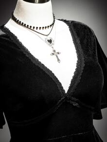 SHEIN ICON Plus Size Y2K Vintage Velvet Gothic V-Neck Ruffle Sleeve A-Line Dress - Black - View 7