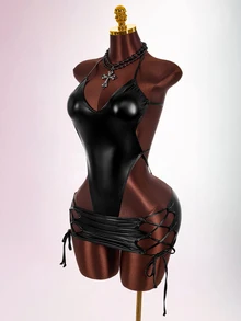 Amplova Women's Knitted Jumpsuit Set, Sexy Avant-Garde Style For Vacation, Open Back Detail, Sexy Criss-Cross Drawstring Skirt - Black - View 8