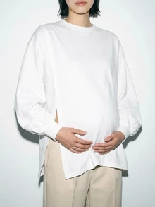 DAZY Solid Color Loose Round Neck Long Sleeve Split Hem Casual Daily Holiday Spring Autumn Top Maternity T-Shirt - White - View 7