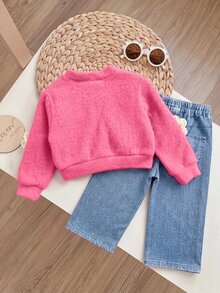 Cozy Pixies 女嬰休閒日常兩件套－長袖開襟衫搭配3D花朵貼飾與配套長褲－適合秋季 - 彩色 - 查看 2
