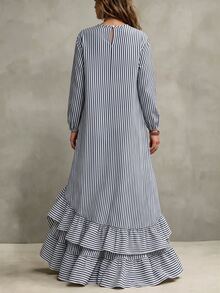 SHEIN Holidaya Women's Spring/Autumn Vintage Striped Artistic Ruffle Hem Casual Fashion Linen Long Sleeve Maxi Dress, Suitable For Outings, Dates And Commuting - Multicolor - View 2