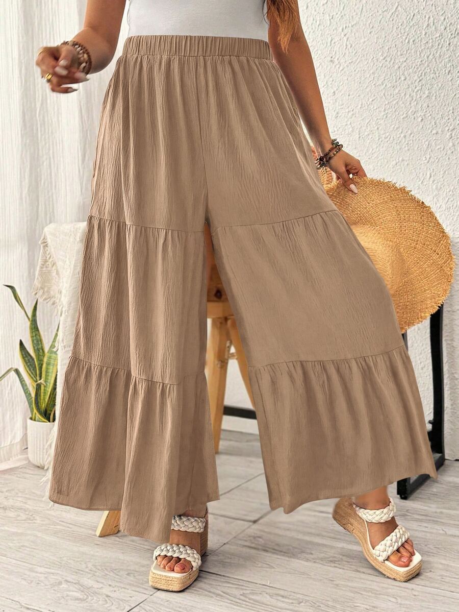 Ceyna Plus Size Women's Solid Color Casual Versatile Wide Leg Pants For Daily Wear - Khaki - View 1