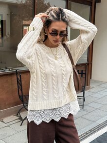 SHEIN Frenchy Contrast Guipure Lace Cable Knit Drop Shoulder Sweater - Apricot - View 1