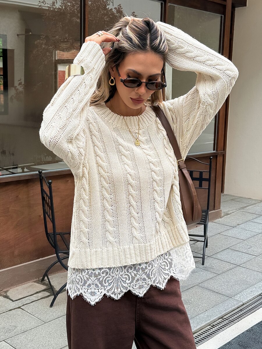 SHEIN Frenchy Contrast Guipure Lace Cable Knit Drop Shoulder Sweater - Apricot - View 1