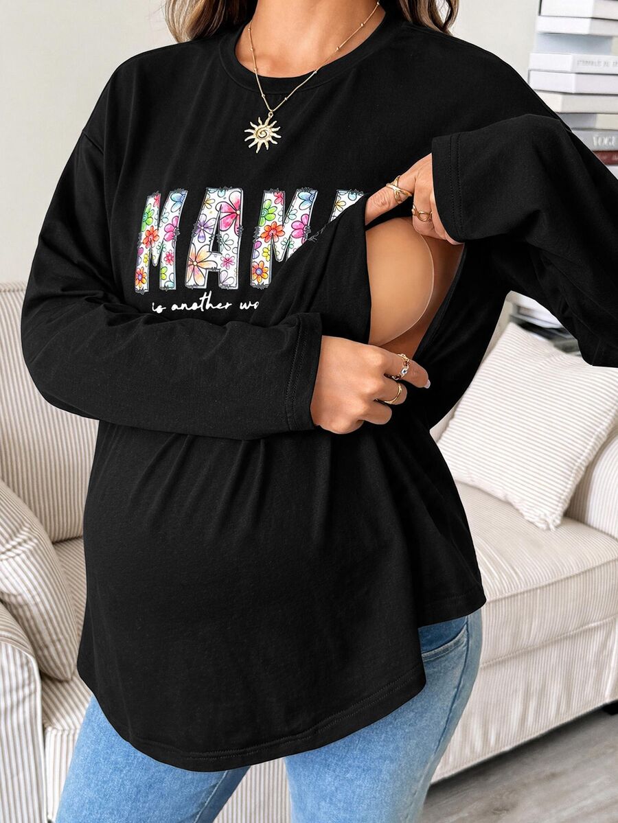 SHEIN 孕婦哺乳花卉與字母印花長袖上衣 - 黑色 - 查看 1