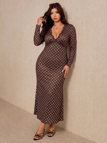 Elaquor Plus Size V-Neck Long Sleeve Polka Dot Mermaid Dress Fall - Coffee Brown - View 6