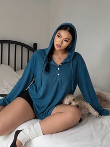 Vibekara 休閒優雅極簡學院風連帽寬鬆顯瘦套頭打底 T-shirt，大尺碼女款秋冬季 - 寶藍色 - 查看 4