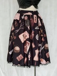 Sunspun Plus Size Fashion Dark Doll Print Tassel Decor Skirt Fall - Black - View 6