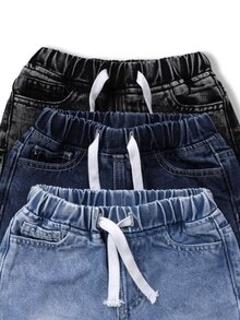 3pcs/Set Tween Boys Black Grey, Dark Blue, Light Blue Multi-Color Casual Sports Pants, Comfortable Elastic Waist Denim Fabric Pants With Drawstring Design, Suitable For School Daily Wear - Multicolor - View 3