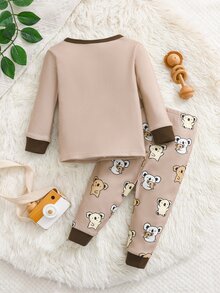 SHEIN 嬰兒男童女童貼身款秋冬可愛動物圖案羅紋圓領長袖上衣+睡褲，柔軟舒適貼身居家睡衣套裝 2 件組，聖誕節、新年、睡衣 - 棕色 - 查看 2