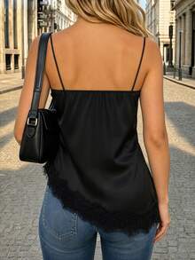 SHEIN Women's Sexy Lace Patchwork Asymmetrical Hem Camisole Tank Top - Black - View 2