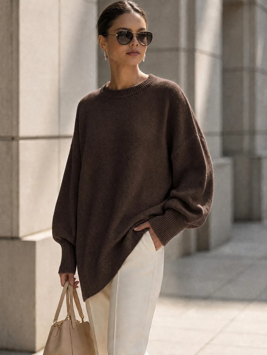 SHEIN 女款復古街頭風純色長袖毛衣,適合日常穿著 - 咖啡棕 - 查看 1