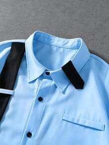 ROMWE MEN Men's Patchwork Loose Short Sleeve Shirt With Tie - Blue - View 2