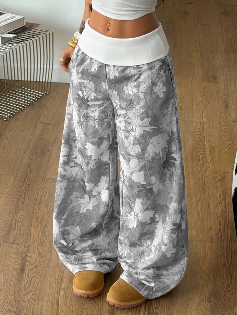 Coolane Quần ống rộng nữ phong cách streetwear vintage Y2K cho mùa Thu/Đông, họa tiết đồ họa cành cây, cạp bẻ, phù hợp đi chơi, đi làm, mặc hàng ngày và dịp lễ, phong cách casual - Xám - Xem 1
