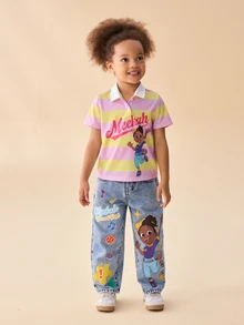 Blippi X SHEIN Young Girl Striped Letter Print Short Sleeve Polo Collar T-Shirt - Multicolor - View 6