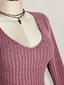 SHEIN ICON 女款秋冬復古休閒 80年代極簡 V 領喇叭袖毛絨羅紋紫色緊身洋裝 秋季外出約會穿搭 - 酒紅色 - 查看 7