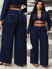 Slaydiva Plus Size Women's Pocket Button Stretch Denim Straight Leg Pants - Dark Wash - View 1