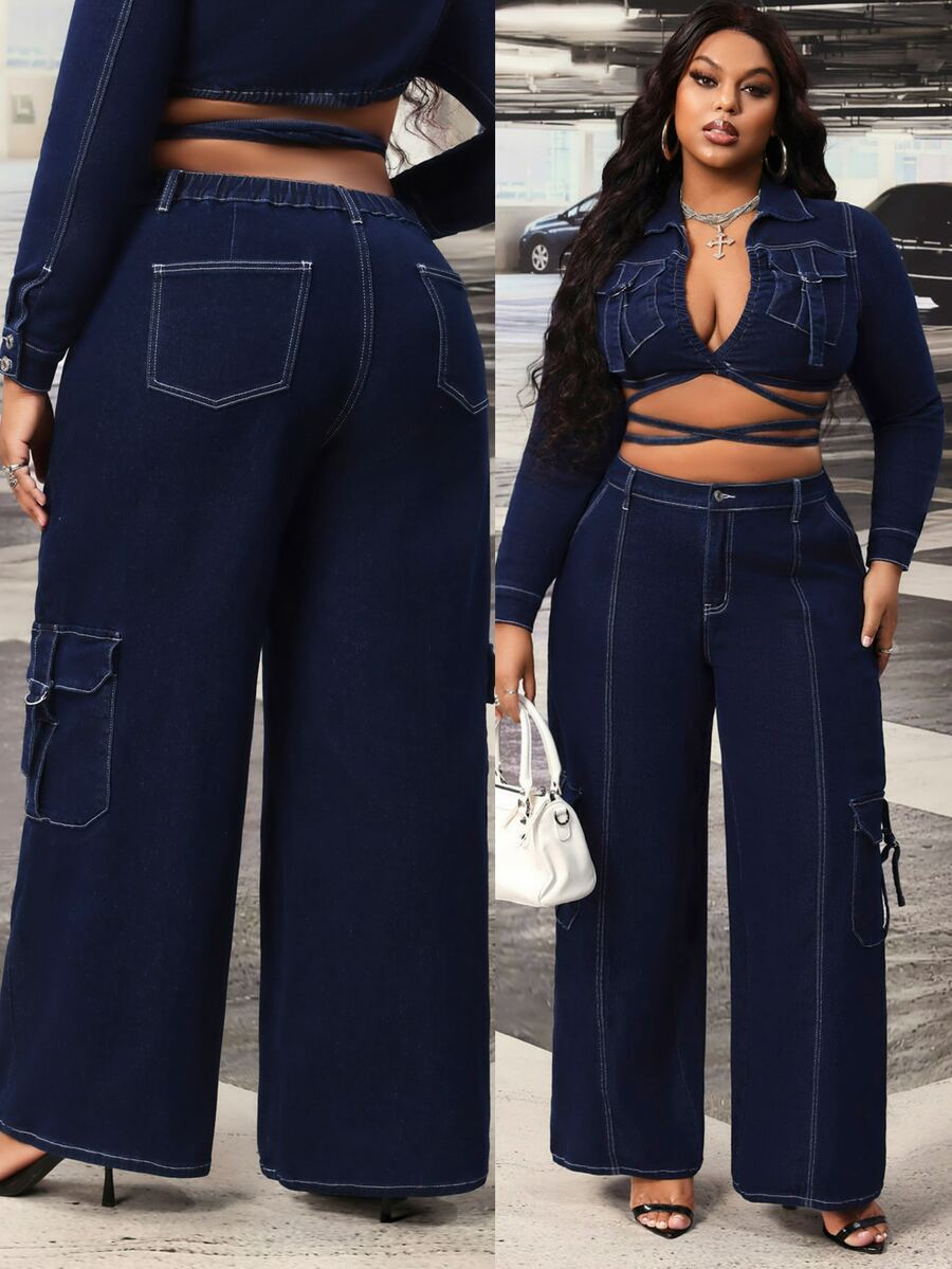 Slaydiva Plus Size Women's Pocket Button Stretch Denim Straight Leg Pants - Dark Wash - View 1