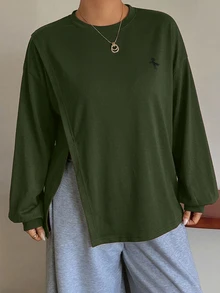 Dazy Plus White Crew Neck Solid Color Casual Versatile Side Slit Design Long Sleeve T-Shirt For Spring Summer Autumn - Army Green - View 5