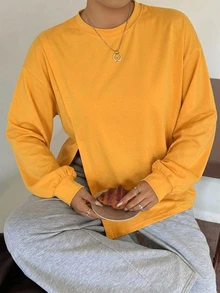Dazy Plus 小圓領純色休閒百搭側開衩設計長袖白色春夏秋T恤 - 黃色 - 查看 3