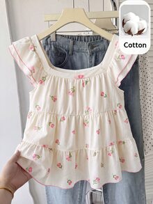SHEIN 青少年女孩 春/夏新款 粉色與白色清新編織條紋休閒度假傘擺多層娃娃風背心上衣，休閒穿搭，夏季穿著 - 粉色 - 查看 3