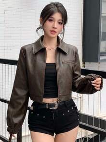 DAZY 秋冬復古棕色街頭寬鬆休閒短版PU皮革機車夾克女款上衣 Y2K - 棕色 - 查看 7