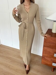DAZY Women's Elegant Comfortable Commute Long Sleeve V-Neck Front Button Waist Tie Sweater Dress - Apricot - View 6