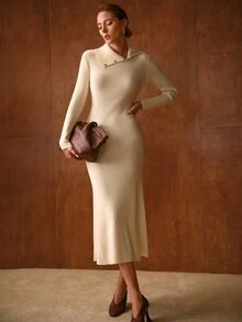 MOTF PREMIUM ASYMMETRICAL LAPEL DESIGN SIDE GOLD BUTTON RIBBED KNIT FITTED MERMAID DRESS, SUITABLE FOR DAILY COMMUTE, EVENING PARTY GATHERING - Cream - View 1