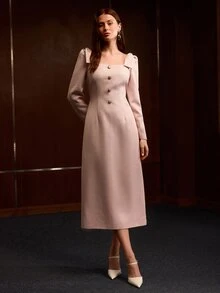 MOTF PREMIUM SQUARE NECK BOW BUTTON DETAIL DRESS - Baby Pink - View 5