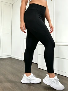 SHEIN Sweetro Women's Plus Size Solid Color High Waist Casual Daily Wear Sports Tight Leggings - Black - View 4