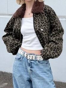 FRIFUL Women's Fashion Street Leopard Print Zipper Denim Jacket - Brown - View 1