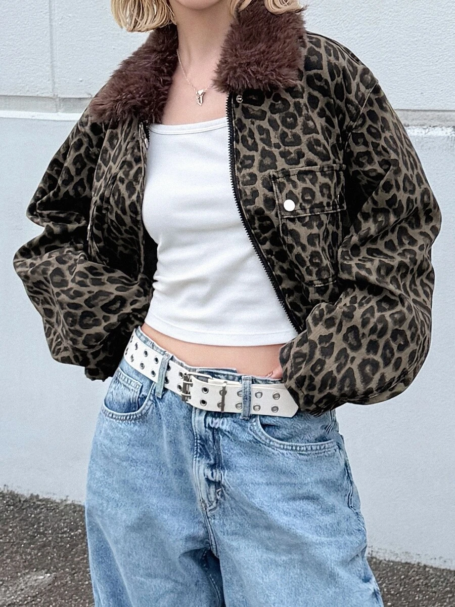 FRIFUL Women's Fashion Street Leopard Print Zipper Denim Jacket - Brown - View 1